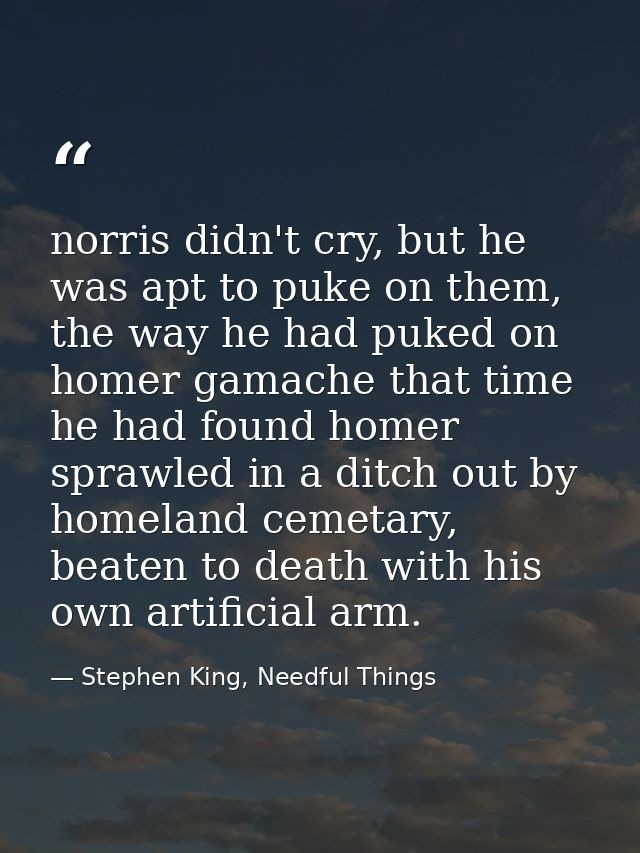 norris didn't cry, but he was apt to puke on them, the way he had puked on homer gamache that time he had found homer sp — Stephen King, Needful Things