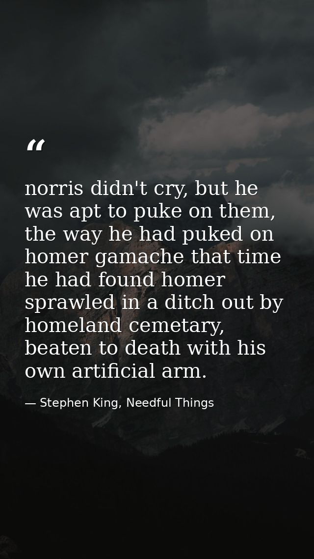norris didn't cry, but he was apt to puke on them, the way he had puked on homer gamache that time he had found homer sp — Stephen King, Needful Things