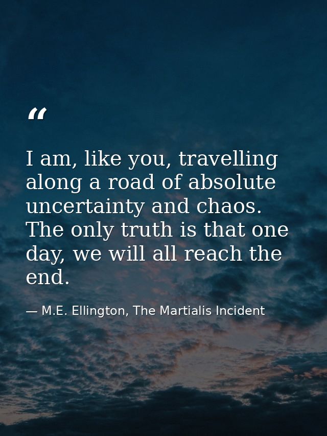 I am, like you, travelling along a road of absolute uncertainty and chaos. The only truth is that one day, we will all r — M.E. Ellington, The Martialis Incident