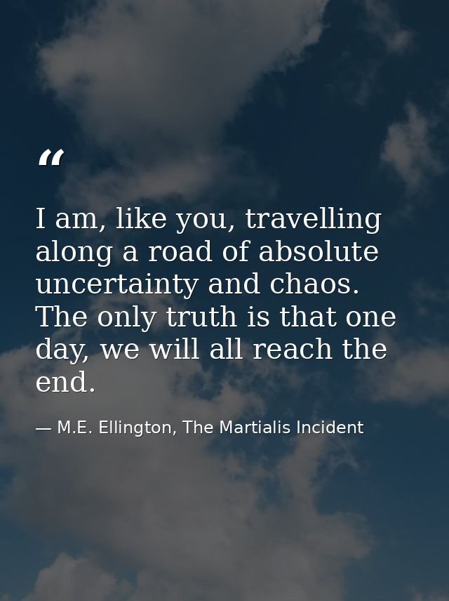 I am, like you, travelling along a road of absolute uncertainty and chaos. The only truth is that one day, we will all r — M.E. Ellington, The Martialis Incident