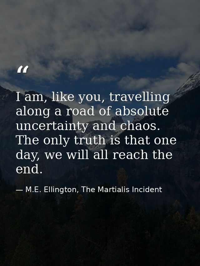 I am, like you, travelling along a road of absolute uncertainty and chaos. The only truth is that one day, we will all r — M.E. Ellington, The Martialis Incident