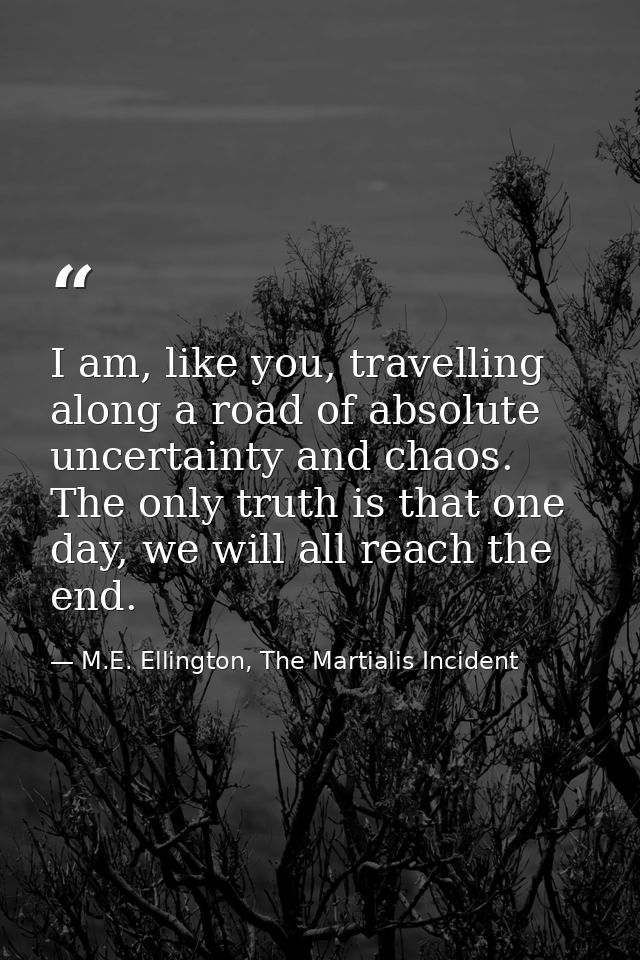 I am, like you, travelling along a road of absolute uncertainty and chaos. The only truth is that one day, we will all r — M.E. Ellington, The Martialis Incident