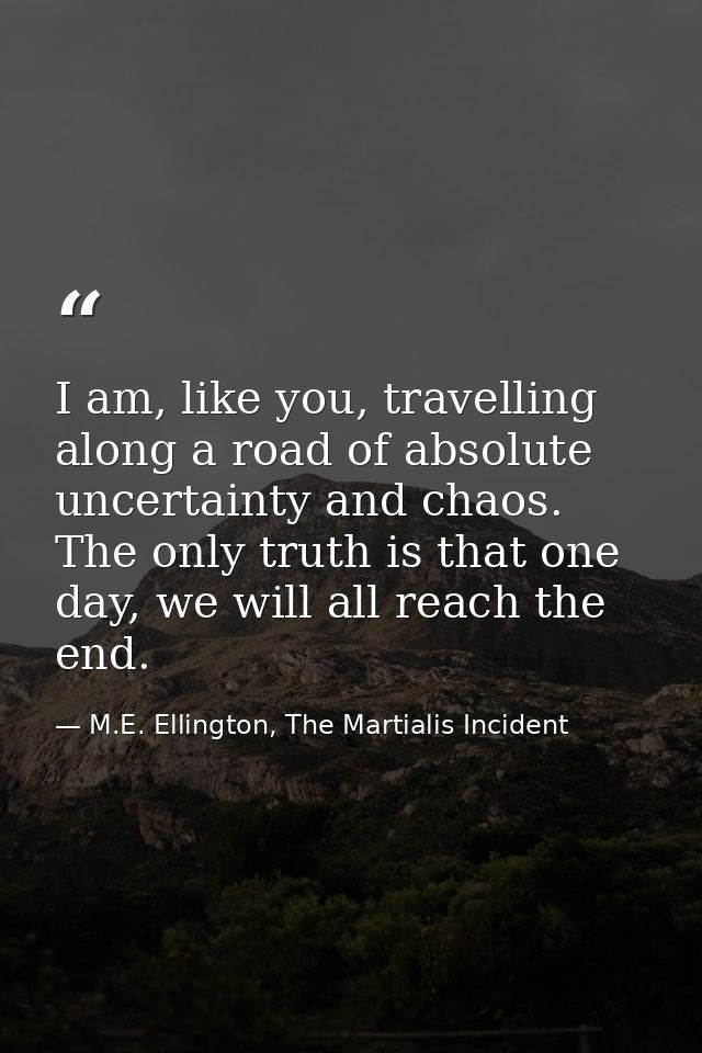 I am, like you, travelling along a road of absolute uncertainty and chaos. The only truth is that one day, we will all r — M.E. Ellington, The Martialis Incident