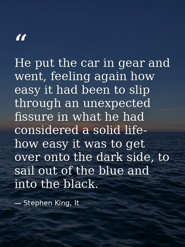 He put the car in gear and went, feeling again how easy it had been to slip through an unexpected fissure in what he had — Stephen King, It