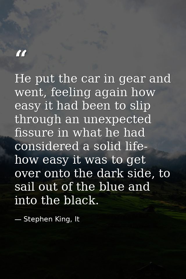 He put the car in gear and went, feeling again how easy it had been to slip through an unexpected fissure in what he had — Stephen King, It