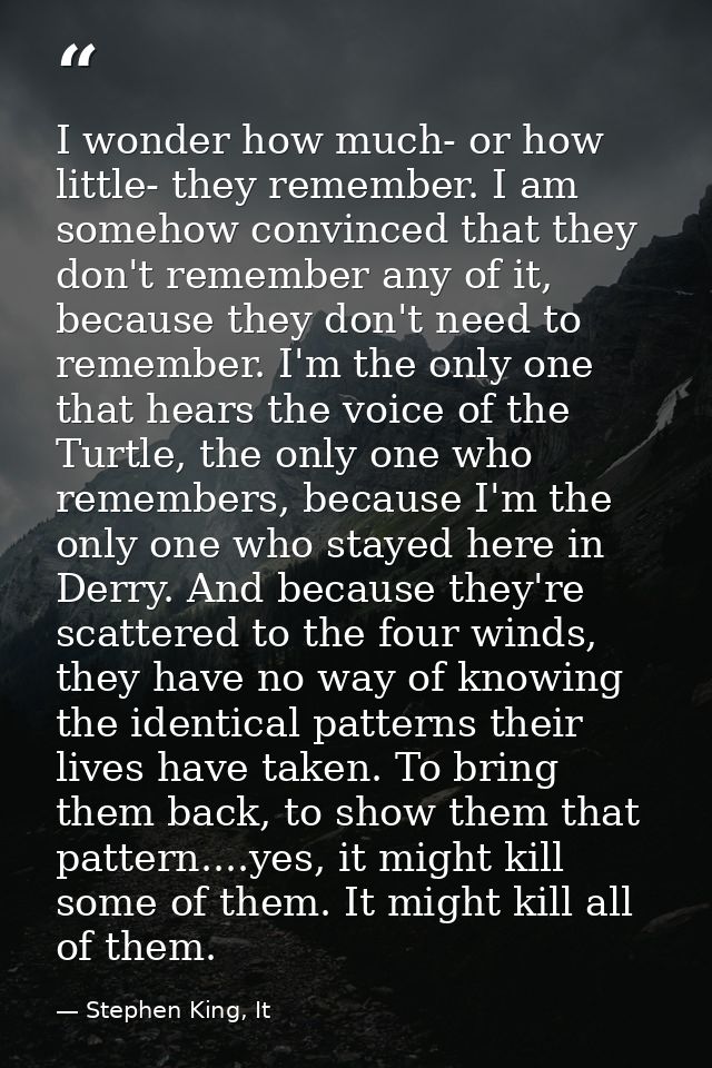 I wonder how much- or how little- they remember. I am somehow convinced that they don't remember any of it, because they — Stephen King, It