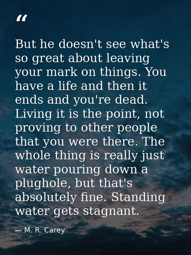 But he doesn't see what's so great about leaving your mark on things. You have a life and then it ends and you're dead.  — M. R. Carey