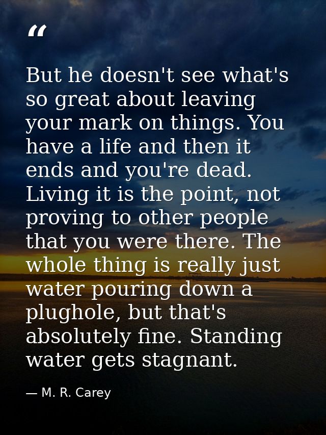 But he doesn't see what's so great about leaving your mark on things. You have a life and then it ends and you're dead.  — M. R. Carey