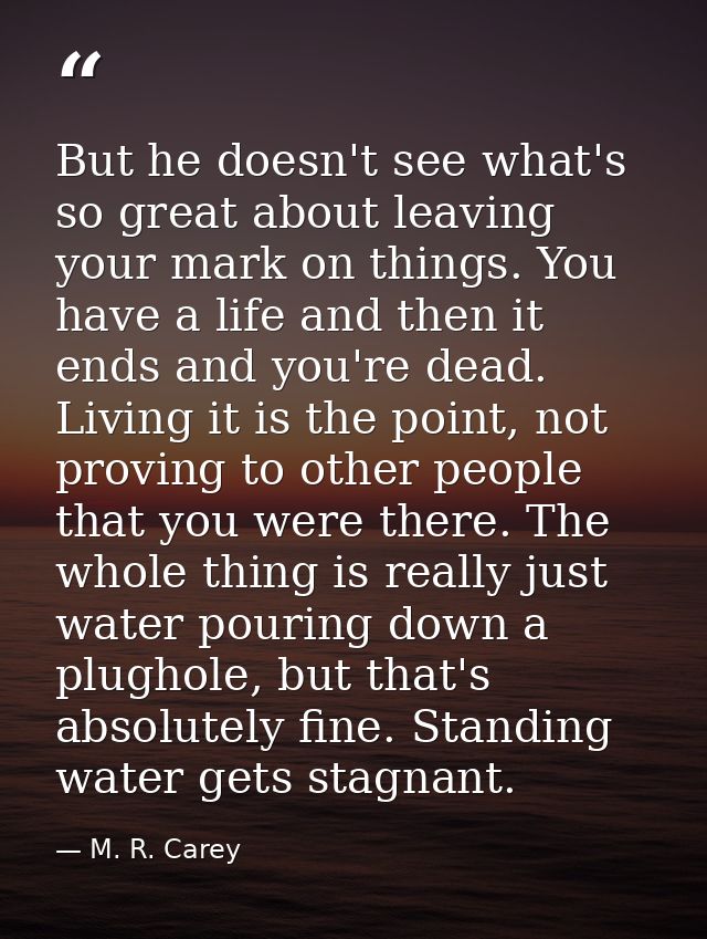 But he doesn't see what's so great about leaving your mark on things. You have a life and then it ends and you're dead.  — M. R. Carey