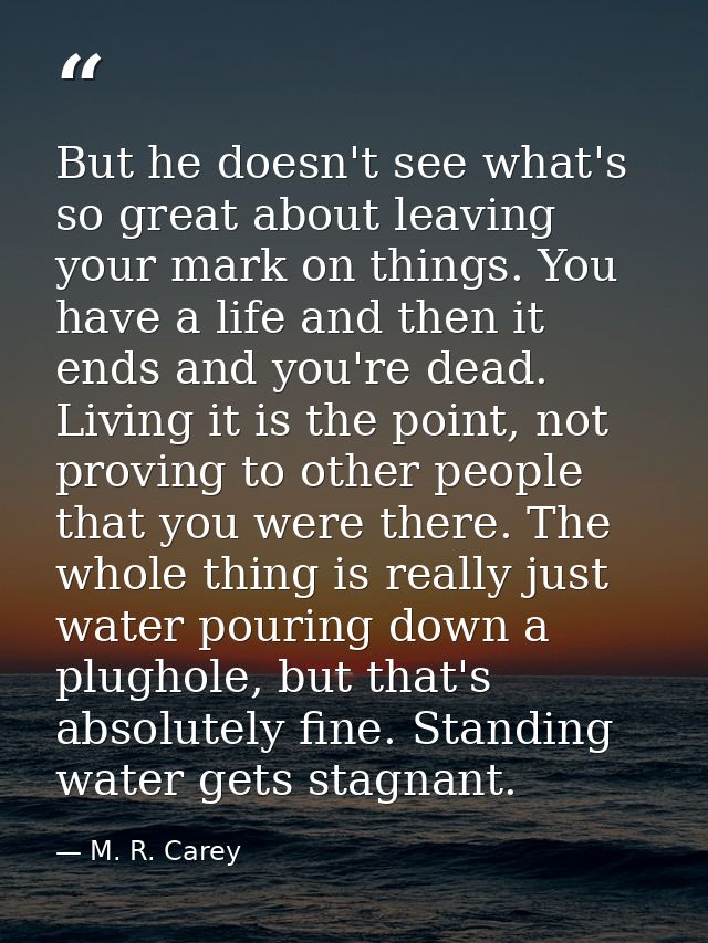But he doesn't see what's so great about leaving your mark on things. You have a life and then it ends and you're dead.  — M. R. Carey