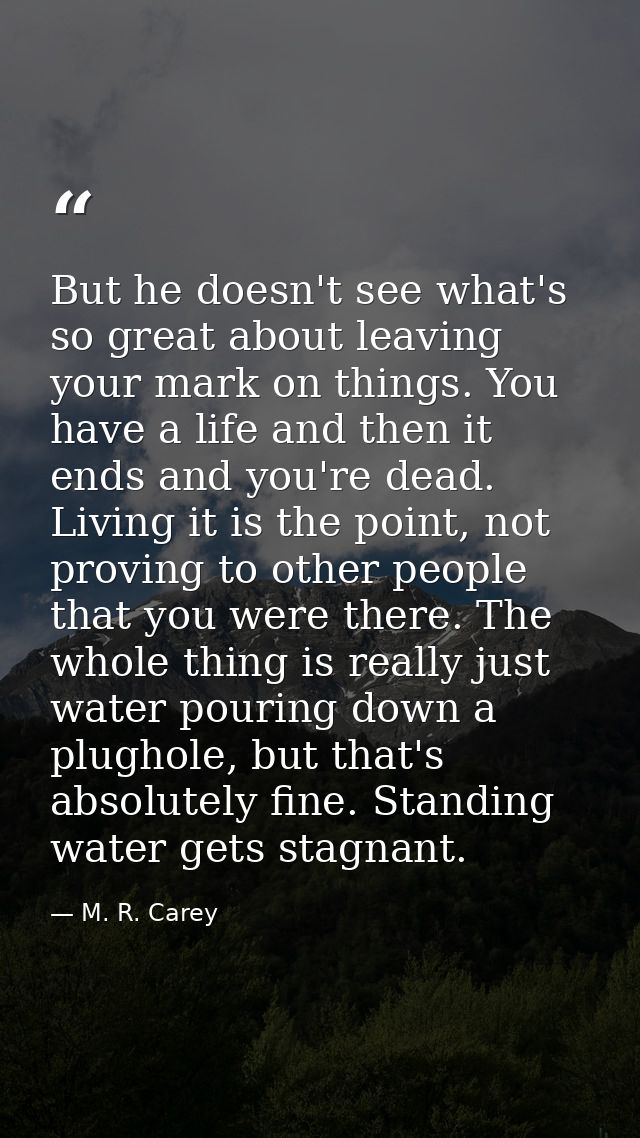 But he doesn't see what's so great about leaving your mark on things. You have a life and then it ends and you're dead.  — M. R. Carey