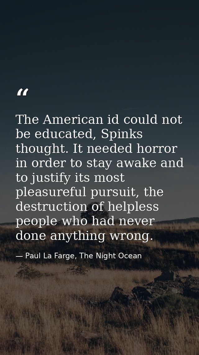 The American id could not be educated, Spinks thought. It needed horror in order to stay awake and to justify its most p — Paul La Farge, The Night Ocean