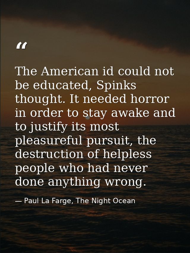 The American id could not be educated, Spinks thought. It needed horror in order to stay awake and to justify its most p — Paul La Farge, The Night Ocean