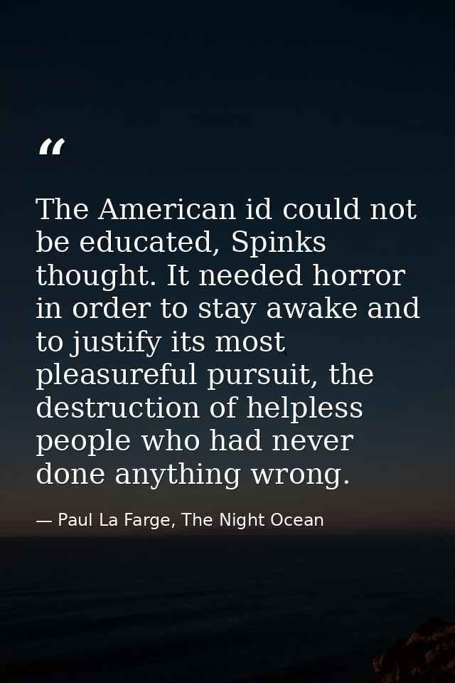 The American id could not be educated, Spinks thought. It needed horror in order to stay awake and to justify its most p — Paul La Farge, The Night Ocean