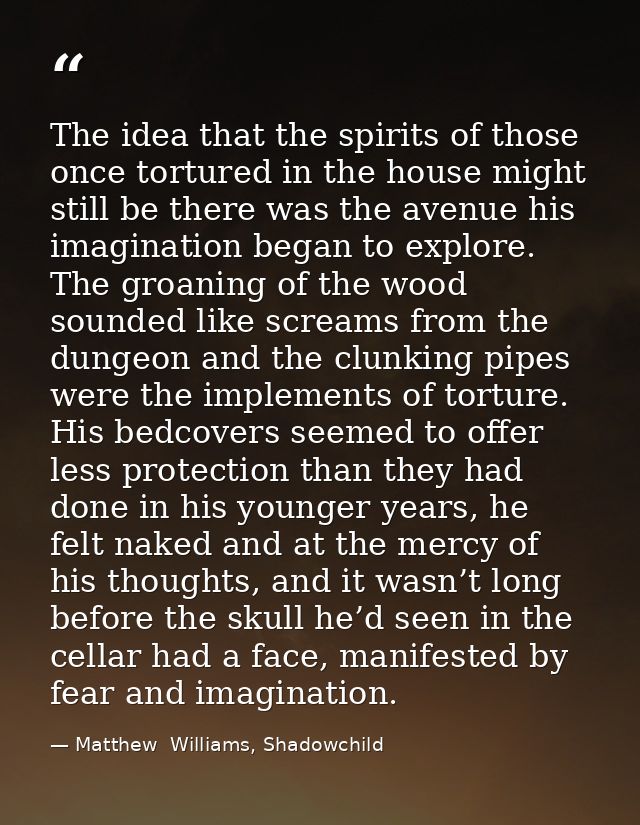 The idea that the spirits of those once tortured in the house might still be there was the avenue his imagination began  — Matthew  Williams, Shadowchild