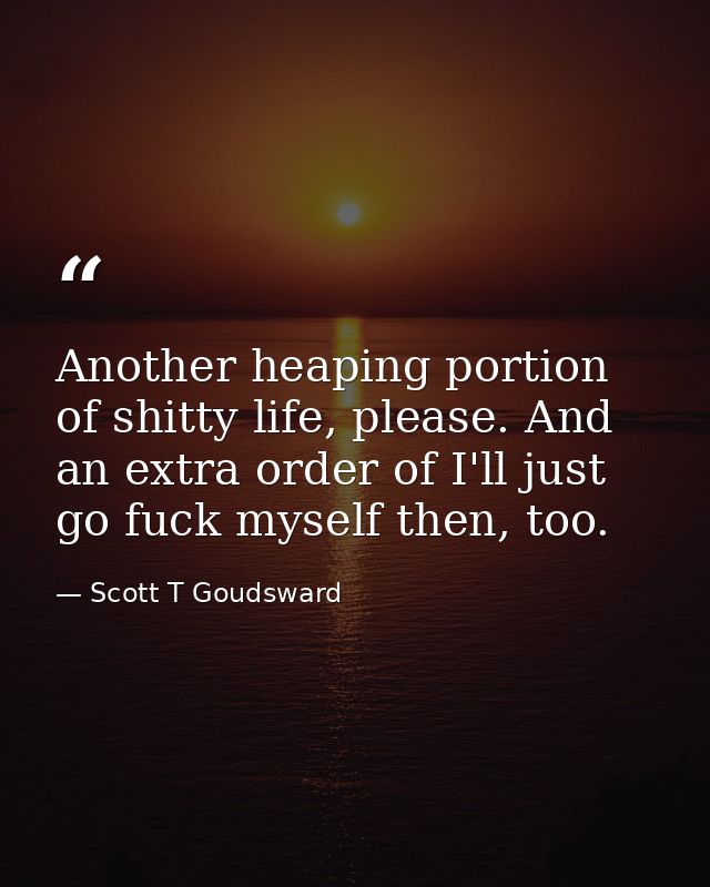 Another heaping portion of shitty life, please. And an extra order of I'll just go fuck myself then, too. — Scott T Goudsward