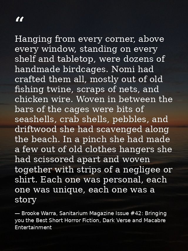 Hanging from every corner, above every window, standing on every shelf and tabletop, were dozens of handmade birdcages.  — Brooke Warra, Sanitarium Magazine Issue #42: Bringing you the Best Short Horror Fiction, Dark Verse and Macabre Entertainment
