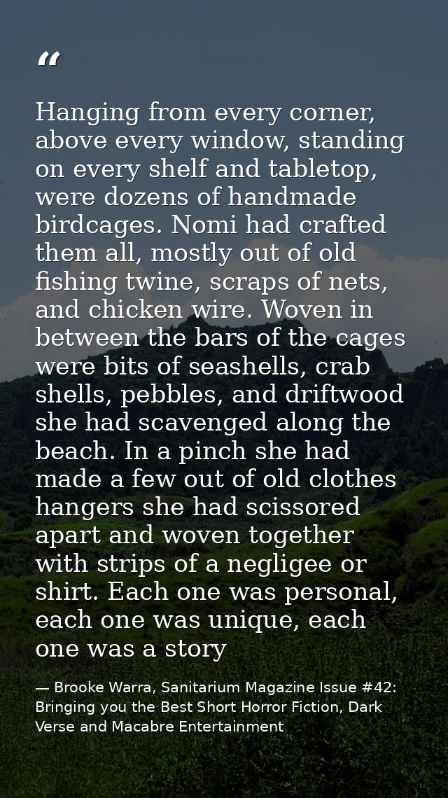 Hanging from every corner, above every window, standing on every shelf and tabletop, were dozens of handmade birdcages.  — Brooke Warra, Sanitarium Magazine Issue #42: Bringing you the Best Short Horror Fiction, Dark Verse and Macabre Entertainment