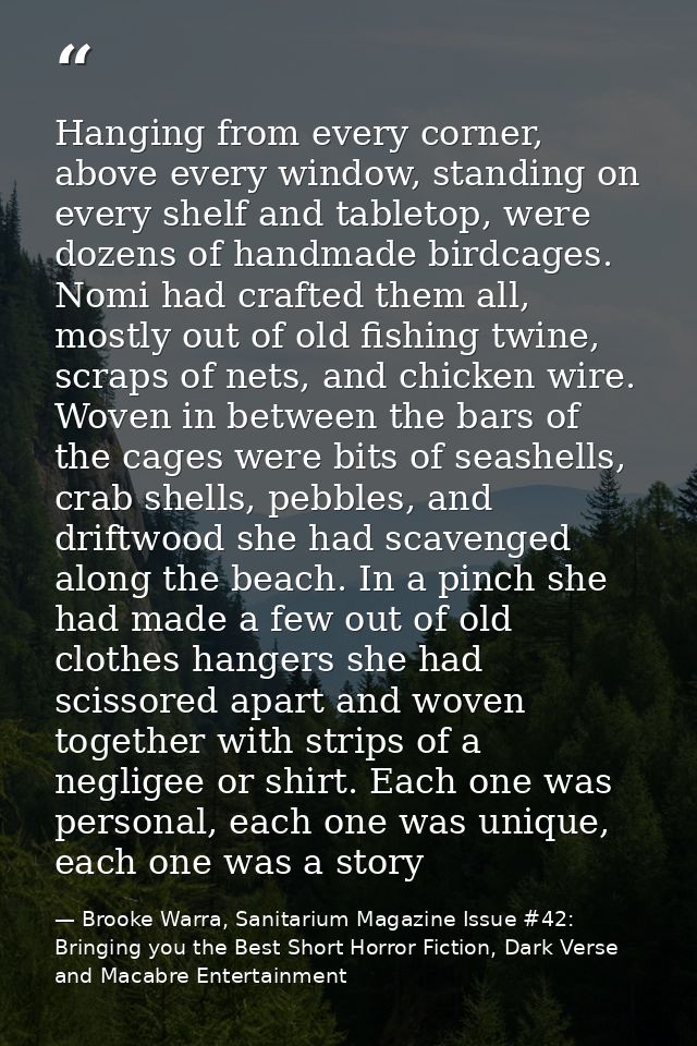 Hanging from every corner, above every window, standing on every shelf and tabletop, were dozens of handmade birdcages.  — Brooke Warra, Sanitarium Magazine Issue #42: Bringing you the Best Short Horror Fiction, Dark Verse and Macabre Entertainment