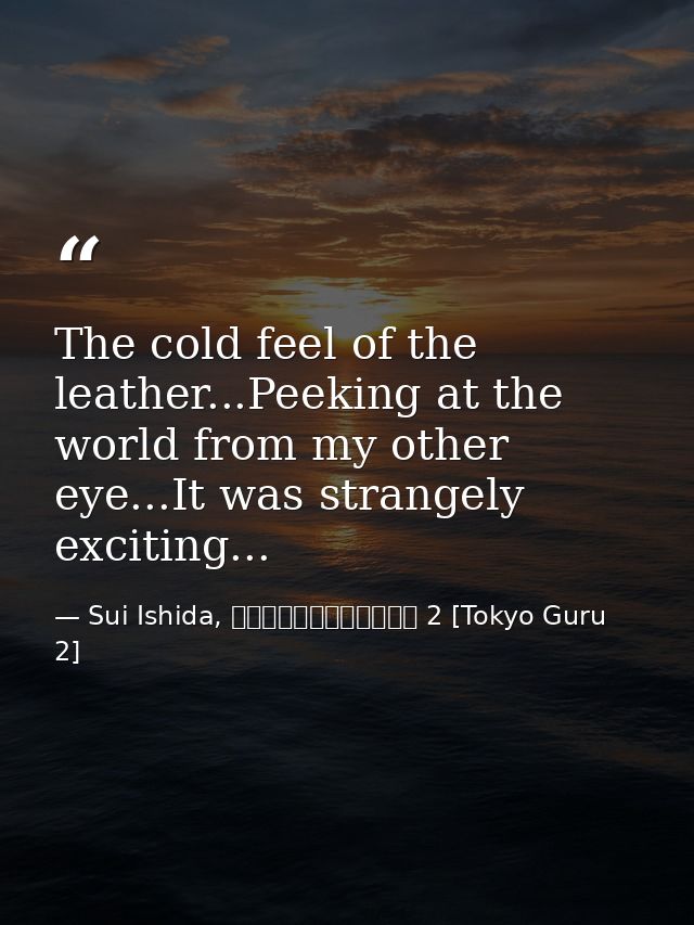 The cold feel of the leather...Peeking at the world from my other eye...It was strangely exciting... — Sui Ishida, 東京喰種トーキョーグール 2 [Tokyo Guru 2]