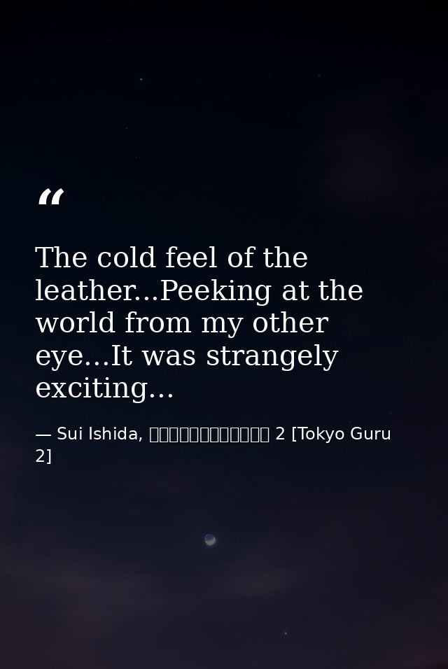The cold feel of the leather...Peeking at the world from my other eye...It was strangely exciting... — Sui Ishida, 東京喰種トーキョーグール 2 [Tokyo Guru 2]