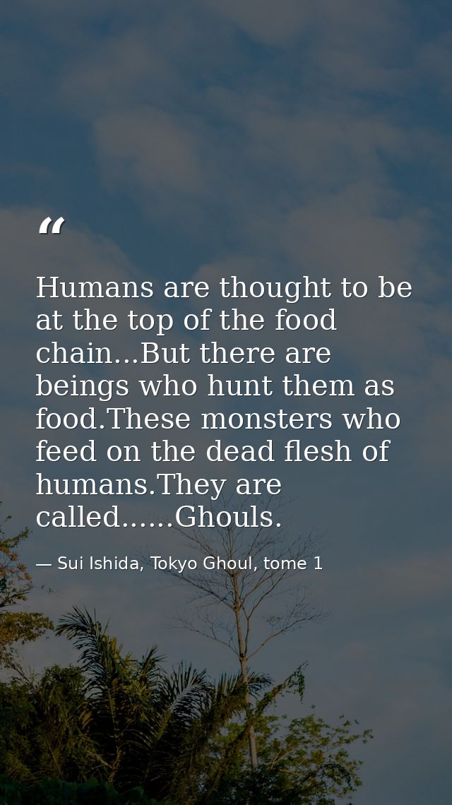 Humans are thought to be at the top of the food chain...But there are beings who hunt them as food.These monsters who fe — Sui Ishida, Tokyo Ghoul, tome 1