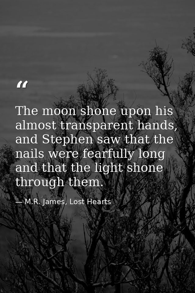 The moon shone upon his almost transparent hands, and Stephen saw that the nails were fearfully long and that the light  — M.R. James, Lost Hearts