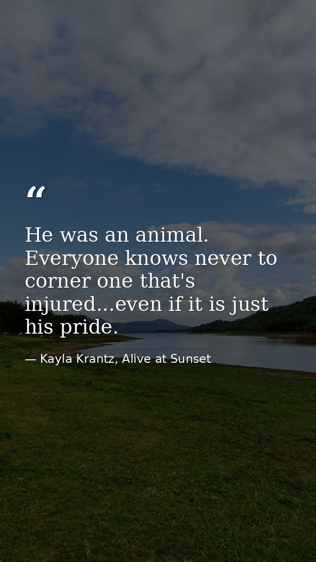 He was an animal. Everyone knows never to corner one that's injured...even if it is just his pride. — Kayla Krantz, Alive at Sunset