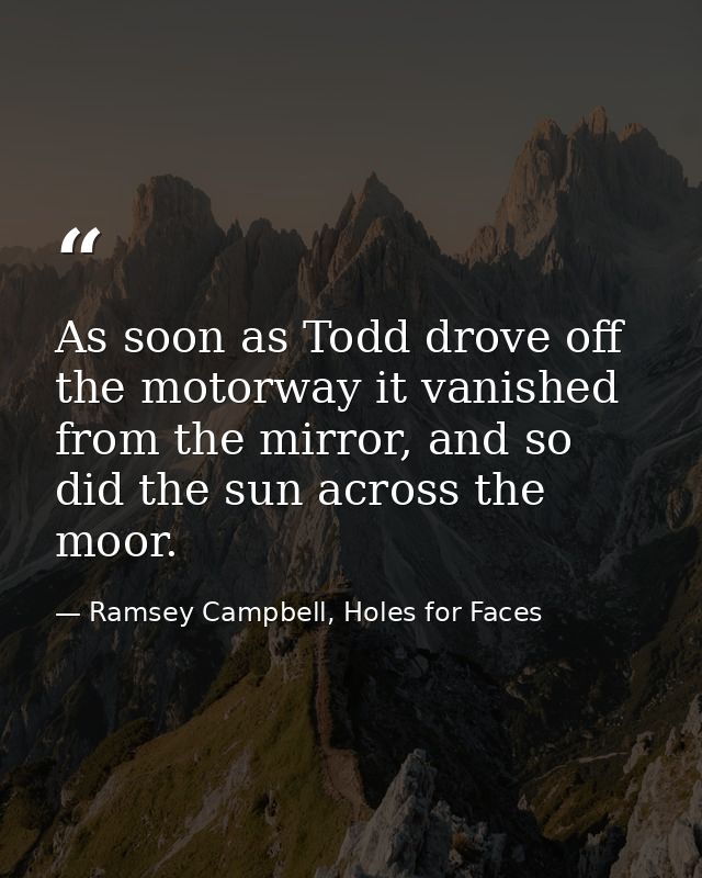 As soon as Todd drove off the motorway it vanished from the mirror, and so did the sun across the moor. — Ramsey Campbell, Holes for Faces