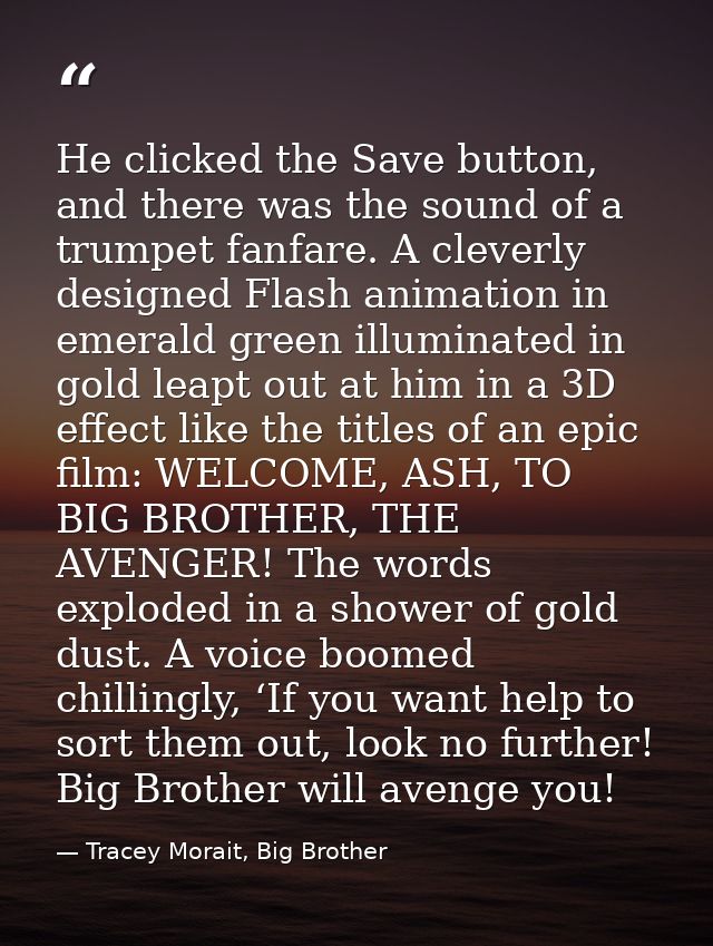 He clicked the Save button, and there was the sound of a trumpet fanfare. A cleverly designed Flash animation in emerald — Tracey Morait, Big Brother