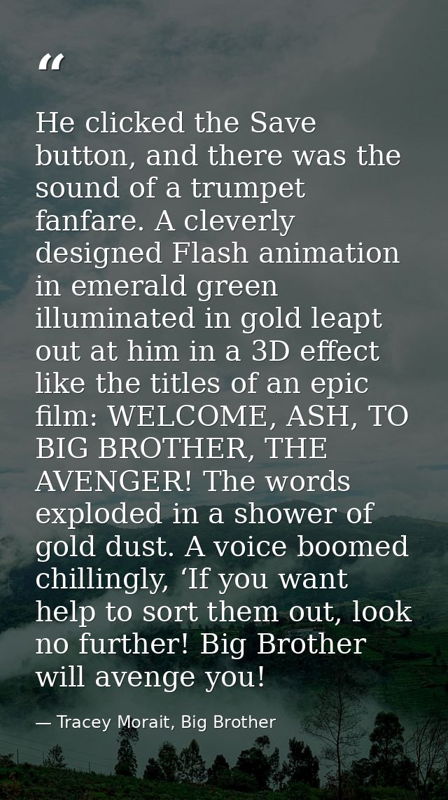 He clicked the Save button, and there was the sound of a trumpet fanfare. A cleverly designed Flash animation in emerald — Tracey Morait, Big Brother