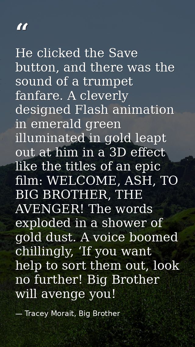 He clicked the Save button, and there was the sound of a trumpet fanfare. A cleverly designed Flash animation in emerald — Tracey Morait, Big Brother