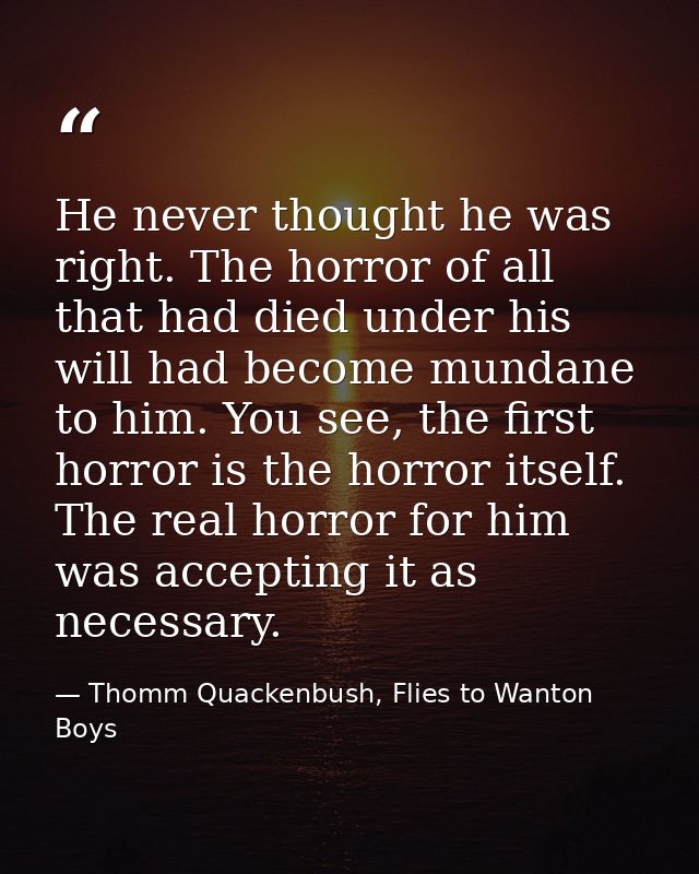 He never thought he was right. The horror of all that had died under his will had become mundane to him. You see, the fi — Thomm Quackenbush, Flies to Wanton Boys
