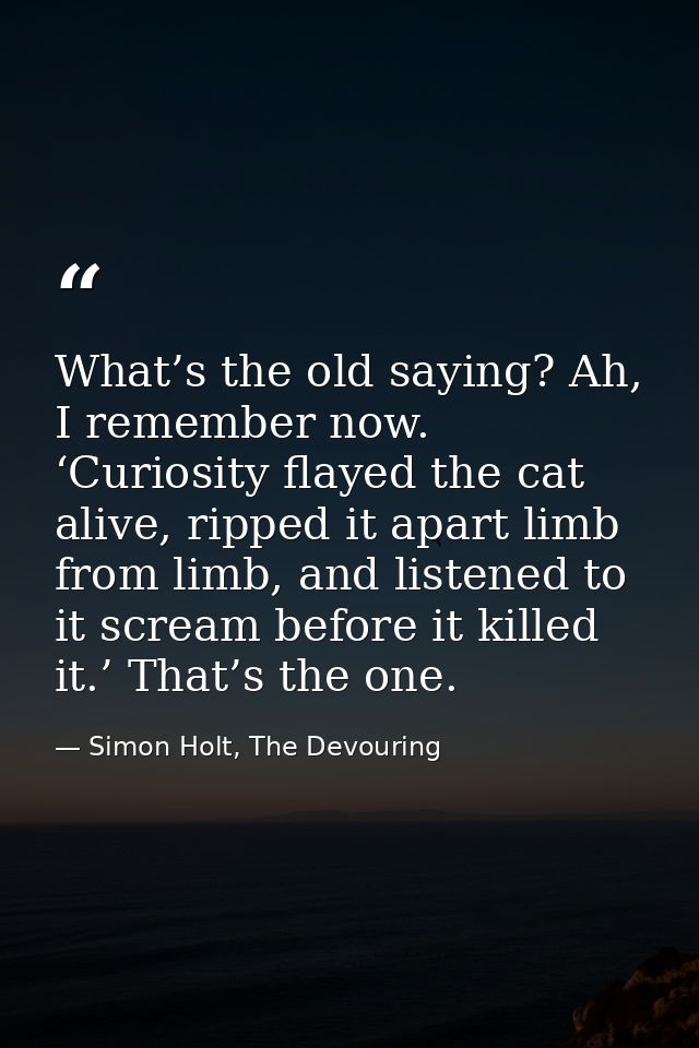 What’s the old saying? Ah, I remember now. ‘Curiosity flayed the cat alive, ripped it apart limb from limb, and listened — Simon Holt, The Devouring