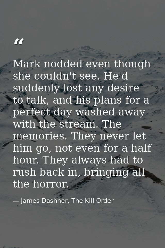 Mark nodded even though she couldn't see. He'd suddenly lost any desire to talk, and his plans for a perfect day washed  — James Dashner, The Kill Order