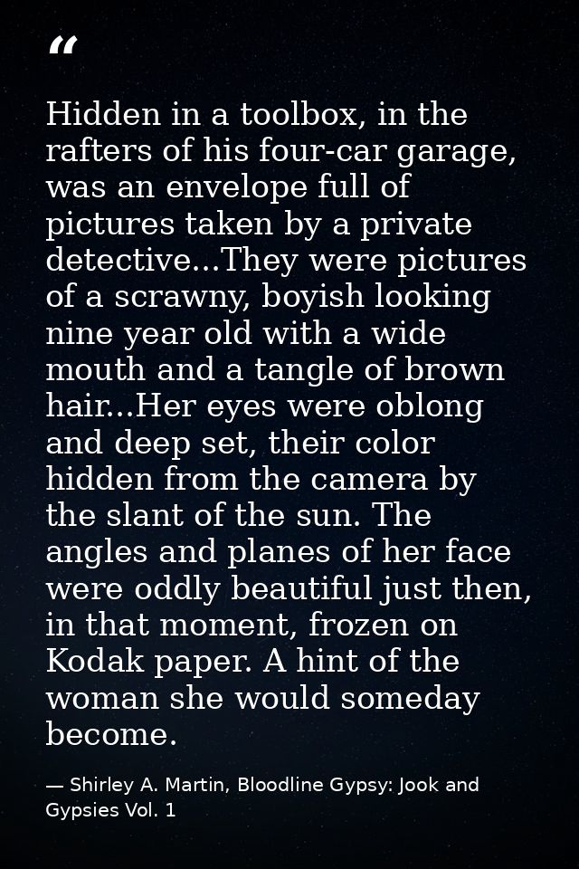 Hidden in a toolbox, in the rafters of his four-car garage, was an envelope full of pictures taken by a private detectiv — Shirley A. Martin, Bloodline Gypsy: Jook and Gypsies Vol. 1