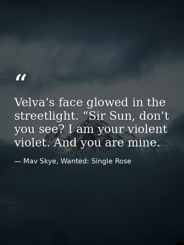 Velva’s face glowed in the streetlight. “Sir Sun, don’t you see? I am your violent violet. And you are mine. — Mav Skye, Wanted: Single Rose