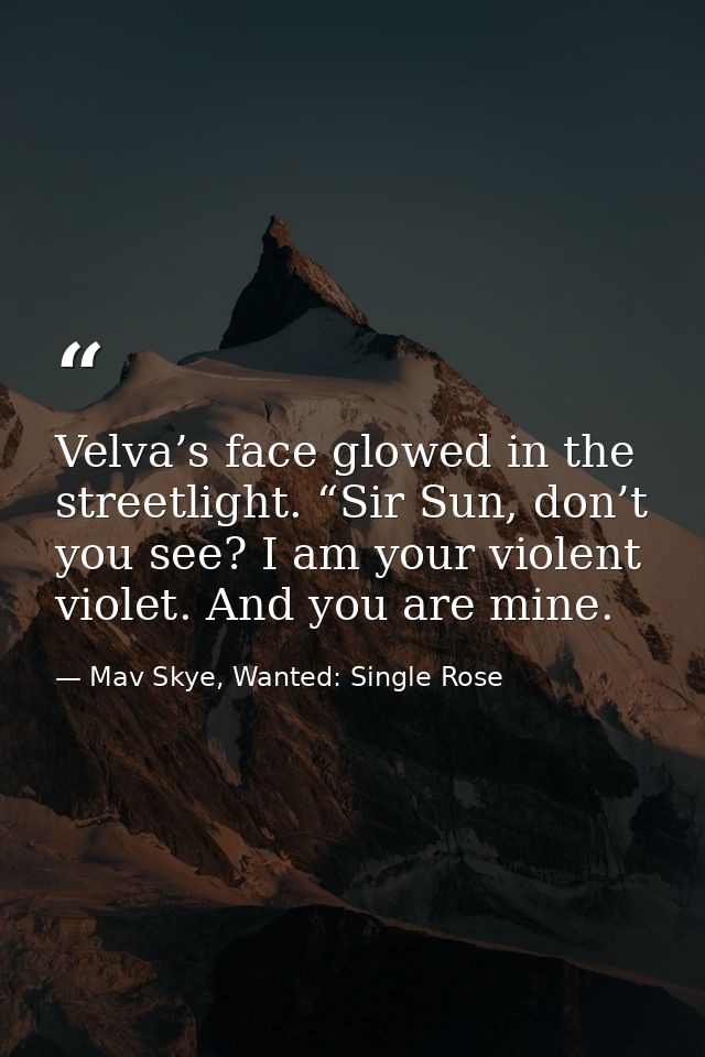 Velva’s face glowed in the streetlight. “Sir Sun, don’t you see? I am your violent violet. And you are mine. — Mav Skye, Wanted: Single Rose