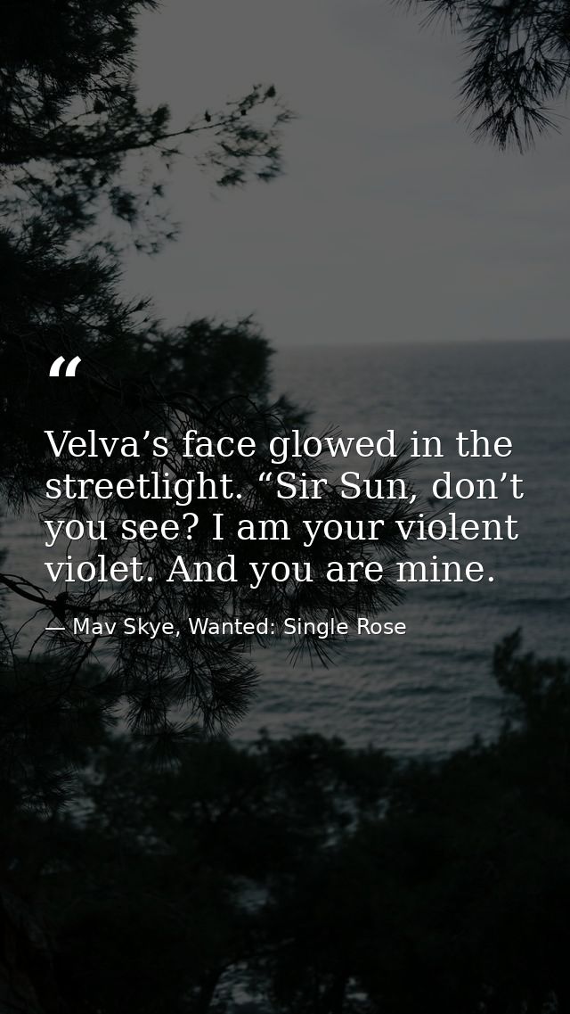 Velva’s face glowed in the streetlight. “Sir Sun, don’t you see? I am your violent violet. And you are mine. — Mav Skye, Wanted: Single Rose