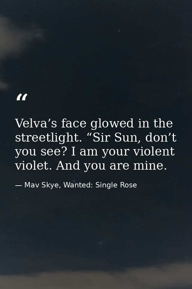 Velva’s face glowed in the streetlight. “Sir Sun, don’t you see? I am your violent violet. And you are mine. — Mav Skye, Wanted: Single Rose