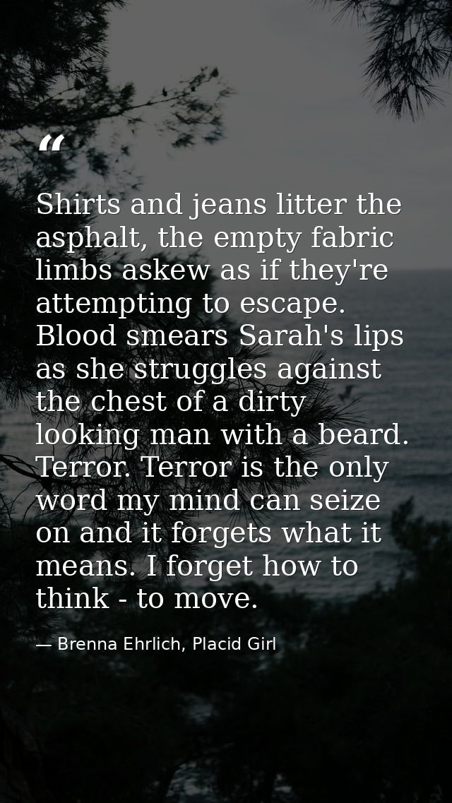 Shirts and jeans litter the asphalt, the empty fabric limbs askew as if they're attempting to escape. Blood smears Sarah — Brenna Ehrlich, Placid Girl
