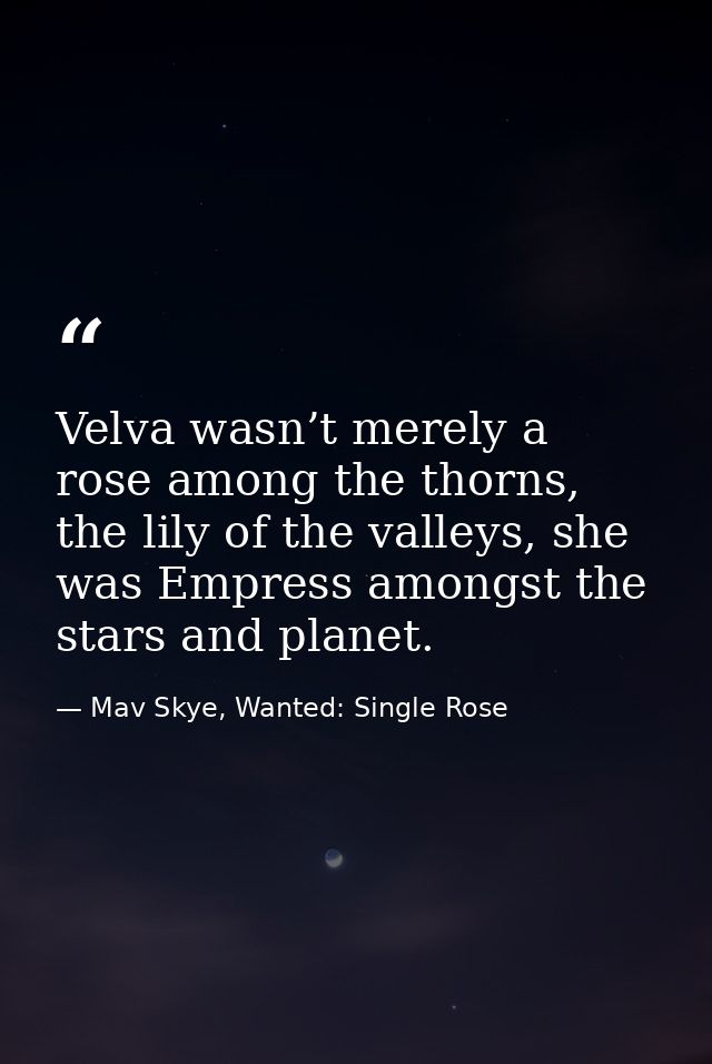 Velva wasn’t merely a rose among the thorns, the lily of the valleys, she was Empress amongst the stars and planet. — Mav Skye, Wanted: Single Rose