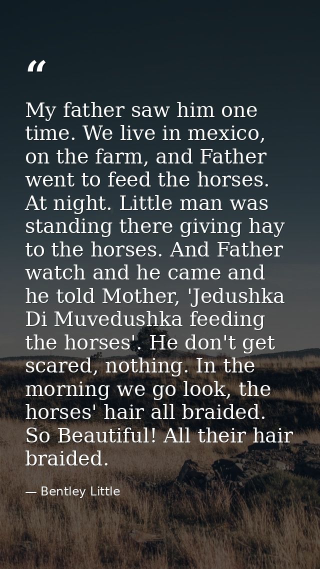 My father saw him one time. We live in mexico, on the farm, and Father went to feed the horses. At night. Little man was — Bentley Little