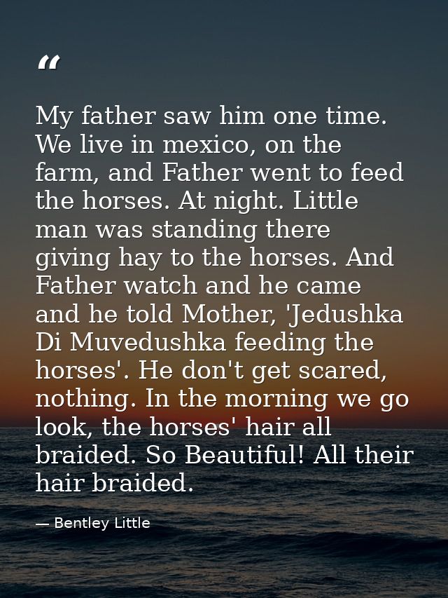 My father saw him one time. We live in mexico, on the farm, and Father went to feed the horses. At night. Little man was — Bentley Little