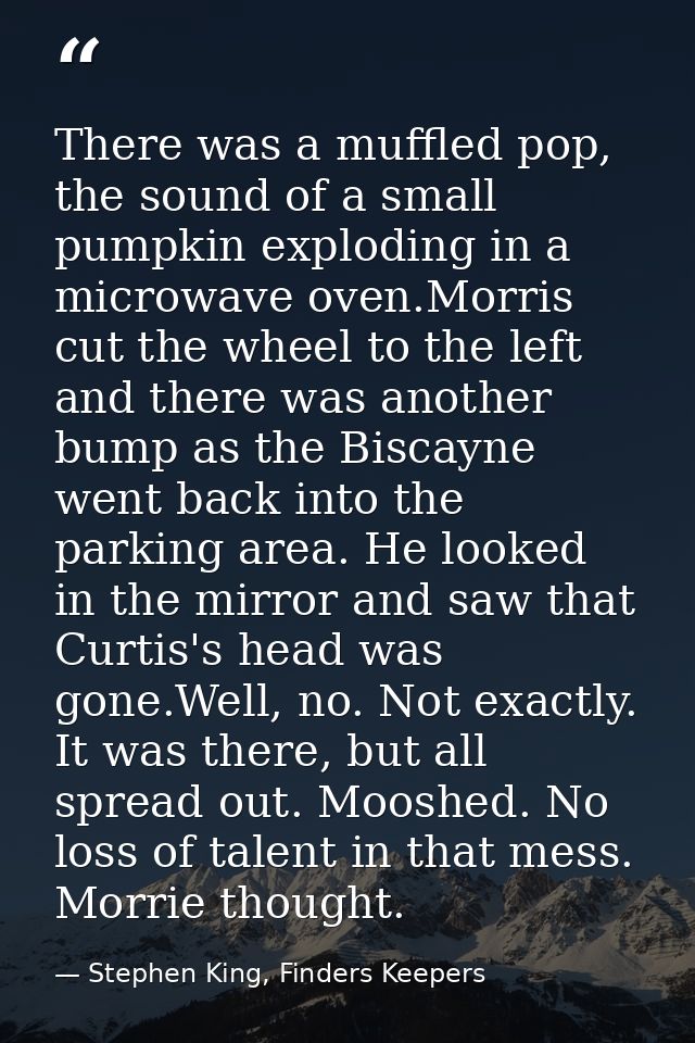 There was a muffled pop, the sound of a small pumpkin exploding in a microwave oven.Morris cut the wheel to the left and — Stephen King, Finders Keepers