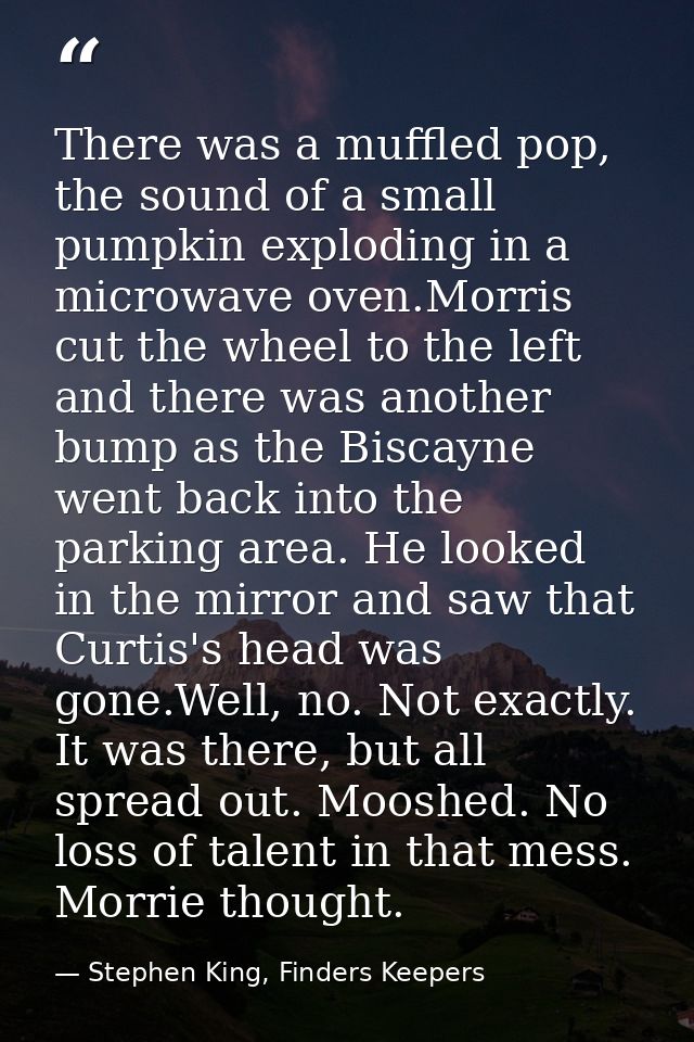 There was a muffled pop, the sound of a small pumpkin exploding in a microwave oven.Morris cut the wheel to the left and — Stephen King, Finders Keepers