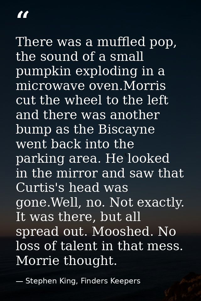 There was a muffled pop, the sound of a small pumpkin exploding in a microwave oven.Morris cut the wheel to the left and — Stephen King, Finders Keepers