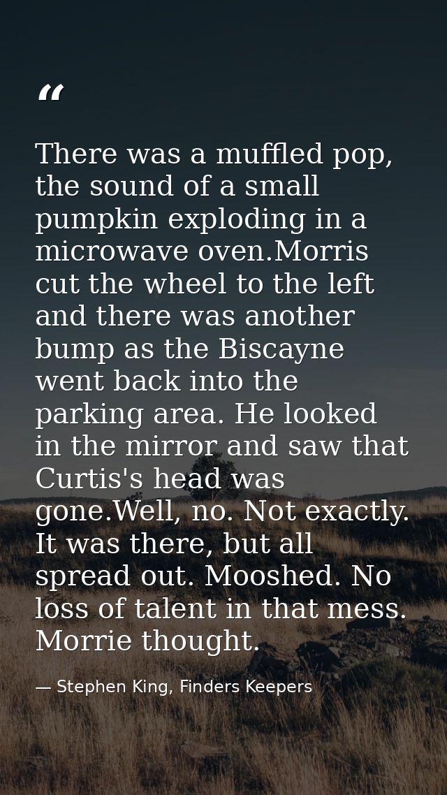There was a muffled pop, the sound of a small pumpkin exploding in a microwave oven.Morris cut the wheel to the left and — Stephen King, Finders Keepers