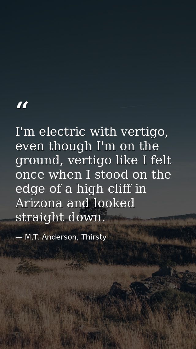 I'm electric with vertigo, even though I'm on the ground, vertigo like I felt once when I stood on the edge of a high cl — M.T. Anderson, Thirsty