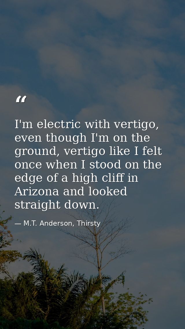 I'm electric with vertigo, even though I'm on the ground, vertigo like I felt once when I stood on the edge of a high cl — M.T. Anderson, Thirsty